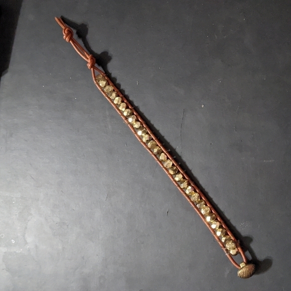 Gold Tone Beaded and Brown Leather Cord Statement Bracelet - Picture 2 of 6